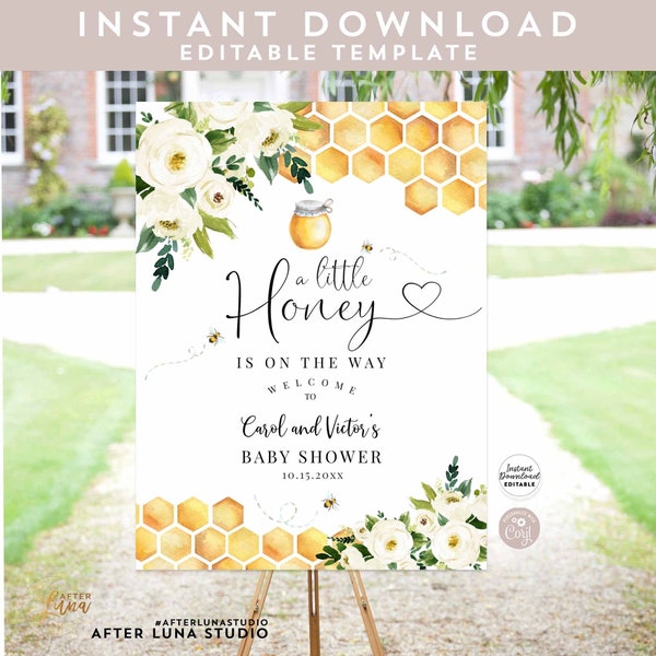 Editable Bee A Little Honey Baby Shower Baby Sprinkle Welcome Sign Yard Sign 24x36 18x24 16x20 Printable Template Instant Download 845V1