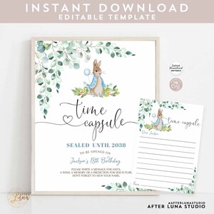 Puede incluir: Un cartel de cápsula del tiempo imprimible con una ilustración de Peter Rabbit. El cartel dice "Cápsula del tiempo" y "Sellado hasta 2038". El cartel también incluye instrucciones para que los invitados escriban un mensaje para la persona que cumple años.