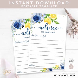 Editable Personalized Blue Floral Lemon Lemon Advice Card Wedding Couple Bridal Shower Printable Template Instant Download 157BR5