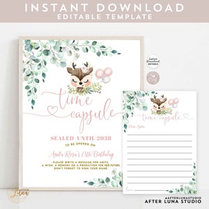 Bearbeitbare Grün Gold Rosa Mädchen Rentier Hirsch Geburtstag Zeit Kapsel Zeichen und Karte Geburtstag Andenken Digital druckbare Sofortiger Download 756