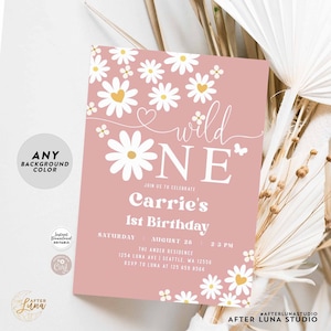Editable Muted Mauve Dusty Pink ONE 1st Daisy Birthday Invite Wild One Daisy Birthday Party Invitation Printable Instant Download 601K1 (1)