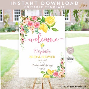 Letrero de bienvenida editable con diseño floral rosa y limón para despedida de soltera, baby shower, letrero de jardín de 24 x 36, 18 x 24, 16 x 20, descarga instantánea 157BR2