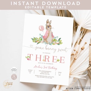 Modello di invito per il 3° compleanno di una coniglietta di Pasqua, coniglietto flopsy rosa, Peter Rabbit, modificabile, download istantaneo 1476K1 (3)