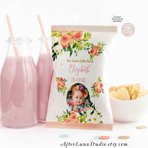 Editable ANY AGE Peach Photo Chip Bag Wrapper Printable As Sweet as Peach Birthday Party Favors Decors Template Instant Download 256KID