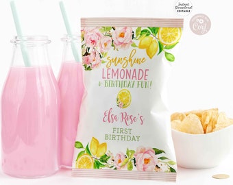 Editable ANY AGE Pink Lemon Lemonade Birthday Chip Bag Wrapper Printable Lemon Birthday Party Favors Decors Template Instant Download AL1490