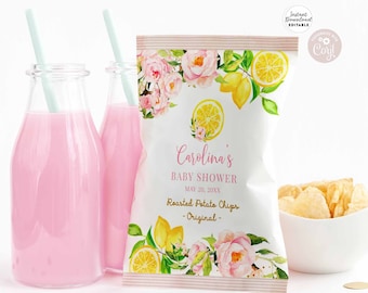 Bewerkbare roze citroen limonade ELK GEBEURTENIS Chip Bag Wrapper Afdrukbare Citroen Baby Shower Party Gunsten Decors Sjabloon Instant Download 1490BB