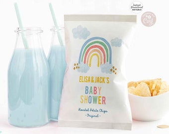 May include: A white chip bag with a rainbow and clouds design. The bag has text that reads "ELISA & JACK'S BABY SHOWER Roasted Potato Chips -Original-"
