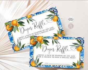 Bearbeitbare Blue Little Cutie Orange Citrus Baby Shower Windel Tombola Ticket einfügen Grün Mandarin Orange Tombola Karte Sofortiger Download 249V3