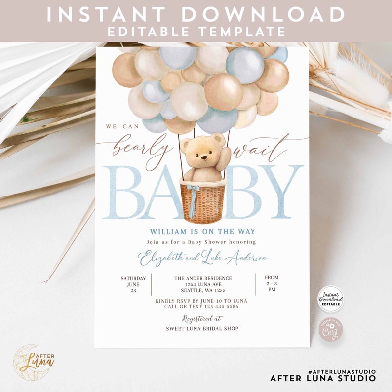 May include: A baby shower invitation with a watercolor design. The invitation features a teddy bear in a hot air balloon with pastel balloons. Text includes "We can bearly wait BABY" and event details.