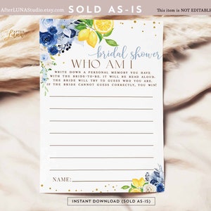 Lavender Navy Blue Lemon Bridal Shower Game Who Am I Game Citrus Lemon She Found Her Main Squeeze Printable Instant Download 157BR5