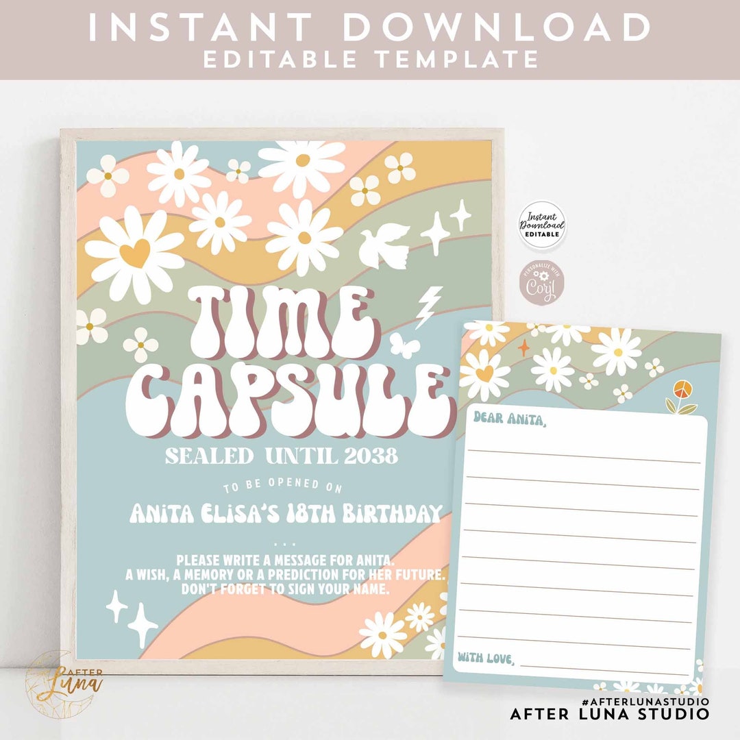 Editable Blue Groovy Birthday Time Capsule Sign and Card First Birthday ...