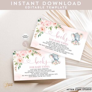 Saupoudrer de douche de bébé éléphant floral rose modifiable Apportez un livre pour bébé Insertion de livre Carte d'invitation modifiable Insertion de téléchargement immédiat 288V1