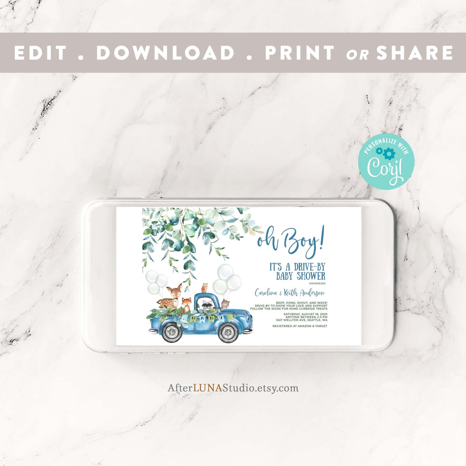 Editable Drive by Baby Shower Invitation Boy Blue Pickup Truck Etsy