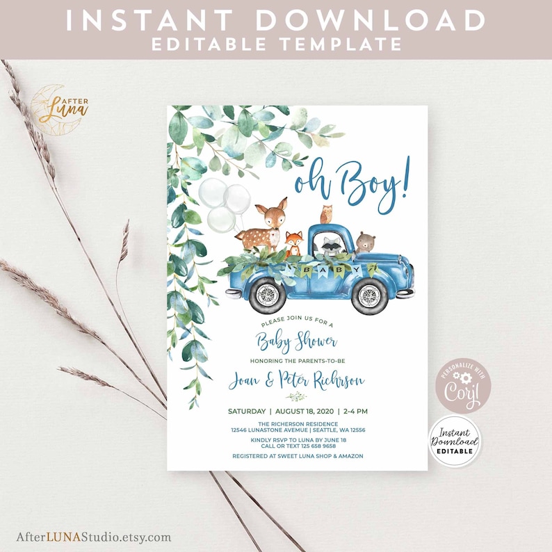 Editable Woodland Blue Truck Baby Shower Invitation Boy Blue Pickup Truck Greenery Woodland Animal Bear Invite Instant Download AL572 V5 image 1