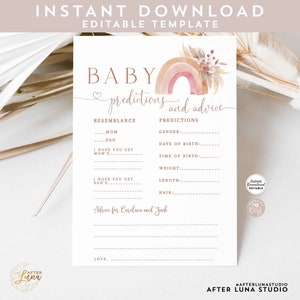 Bewerkbare Boho Rainbow Pampas Grass Baby Voorspellingen en Advies Kaart Baby Shower Sprinkle Game Games Printable Instant Download 530V1