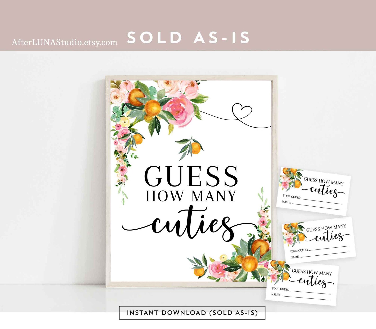 Pink Floral Orange Citrus Guess How Many Cuties Game Sign Etsy