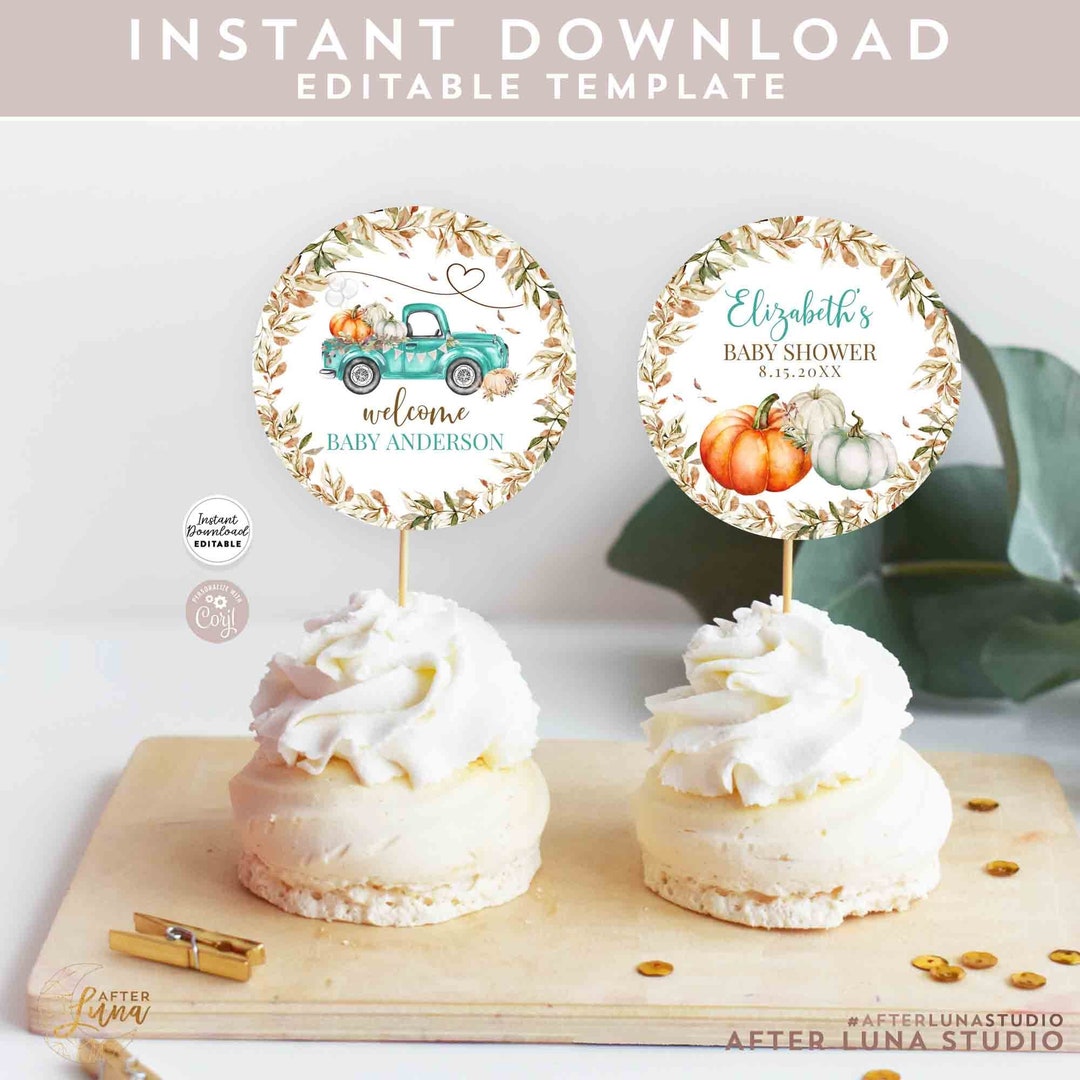 Editable Fall Gender Neutral Teal Pumpkin Truck Cupcake Toppers Baby ...