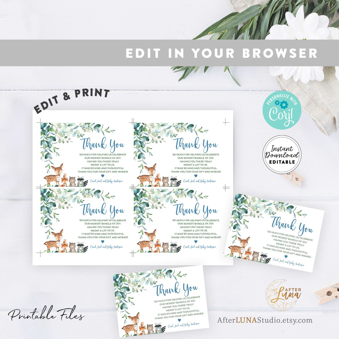 Editable Woodland Thank You Flat Card Deer Bear Drive by Virtual Baby ...