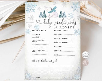 Editable Winter Blue Snowflake Boy Polar Bear Baby Predictions And Advice Game Baby Shower Games Digital Printable Instant Download 874V1