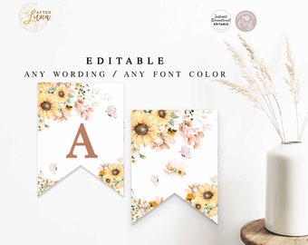 Editable ANY WORDING Pennant Banner 8.5x11" Sunflower Wildflower Baby Bridal Shower Sprinkle Birthday Banner Template Instant Download 820V1