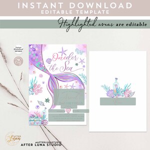 Editable Purple Pink Oneder the Sea Mermaid First 1st Mermaid Birthday Little Mermaid Invite ...