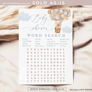 Blue Boy Teddy Bear Mongolfiera Baby Baby Gioco di ricerca di parole Boho We Can Beary Wait Baby Download immediato stampabile digitale 905V1