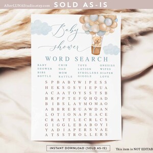 Blue Boy Teddy Bear Hot Air Balloon Baby Baby Word Search Game Boho We Can Beary Wait Baby Digital Printable Instant Download 905V1