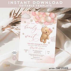 Editable Pink We Can Bearly Wait Teddy Bear Girl Balloon Bear Theme ...