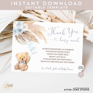 Editable Blue Pampas Grass Bear Merci Flat Note Card Blue Boy Boho Merci Beary Much Card Template Instant Download 904V3
