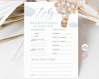 Bearbeitbare Teddy Bär Blau Junge Heißluftballon Baby Shower Voraussagen und Ratschläge Wir können Beary warten Digital druckbare Sofortiger Download 905V1