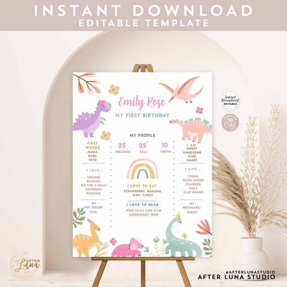 Editable Three Rex Dino Birthday 3 Rex Pink Lavender Purple Dino Milestone Poster Template Birthday Facts Poster Instant Download 284V1