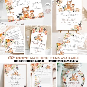 May include: A set of printable baby shower decorations featuring a woodland theme with foxes, raccoons, pumpkins, and fall foliage. The text includes "Thank You", "Welcome", "Books for Baby", "Diaper Raffle", "Mom-O-ja Bar", and "Children's Book Emoji Pictionary".