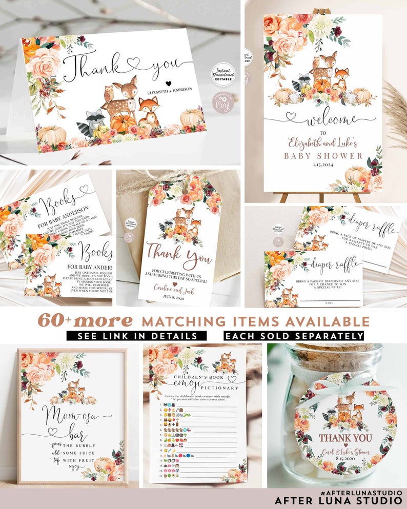 May include: A set of printable baby shower decorations featuring a woodland theme with foxes, raccoons, pumpkins, and fall foliage. The text includes "Thank You", "Welcome", "Books for Baby", "Diaper Raffle", "Mom-O-ja Bar", and "Children's Book Emoji Pictionary".