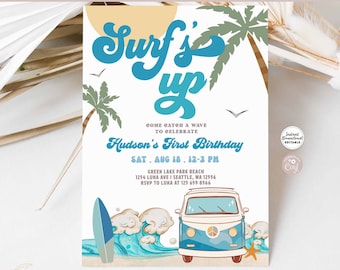 May include: A blue and white invitation with a surfboard and a vintage van. The text reads "Surf's Up" and "Hudson's First Birthday".