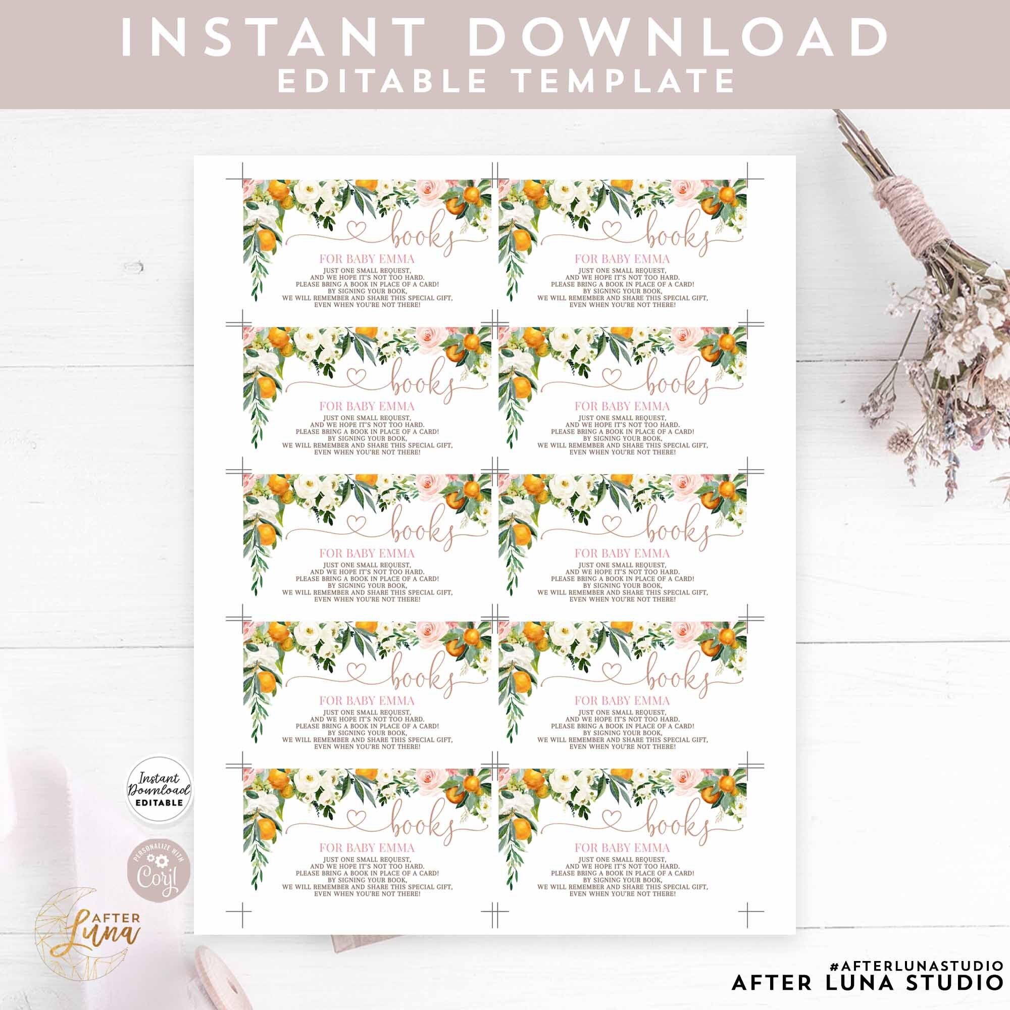 Editable Pink Floral Book Insert Orange A Little Cutie Girl Baby Shower ...