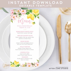 Menu modificabile QUALSIASI EVENTO Rosa cipria Agrumi Limone Baby Shower Cospargere Battesimo Compleanno Modificabile 4x8" Modello stampabile Download immediato 1490