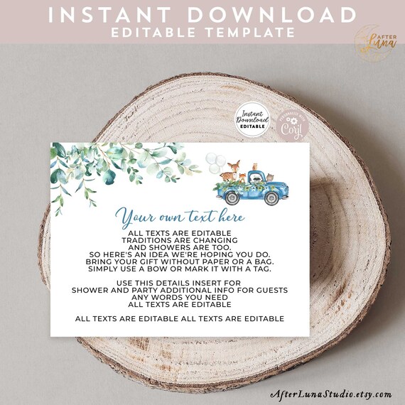 Editable Detail Card ALL TEXT EDITABLE Blue Truck Greenery Woodland Drive By Baby Shower Details Insert Printable Instant Download AL572