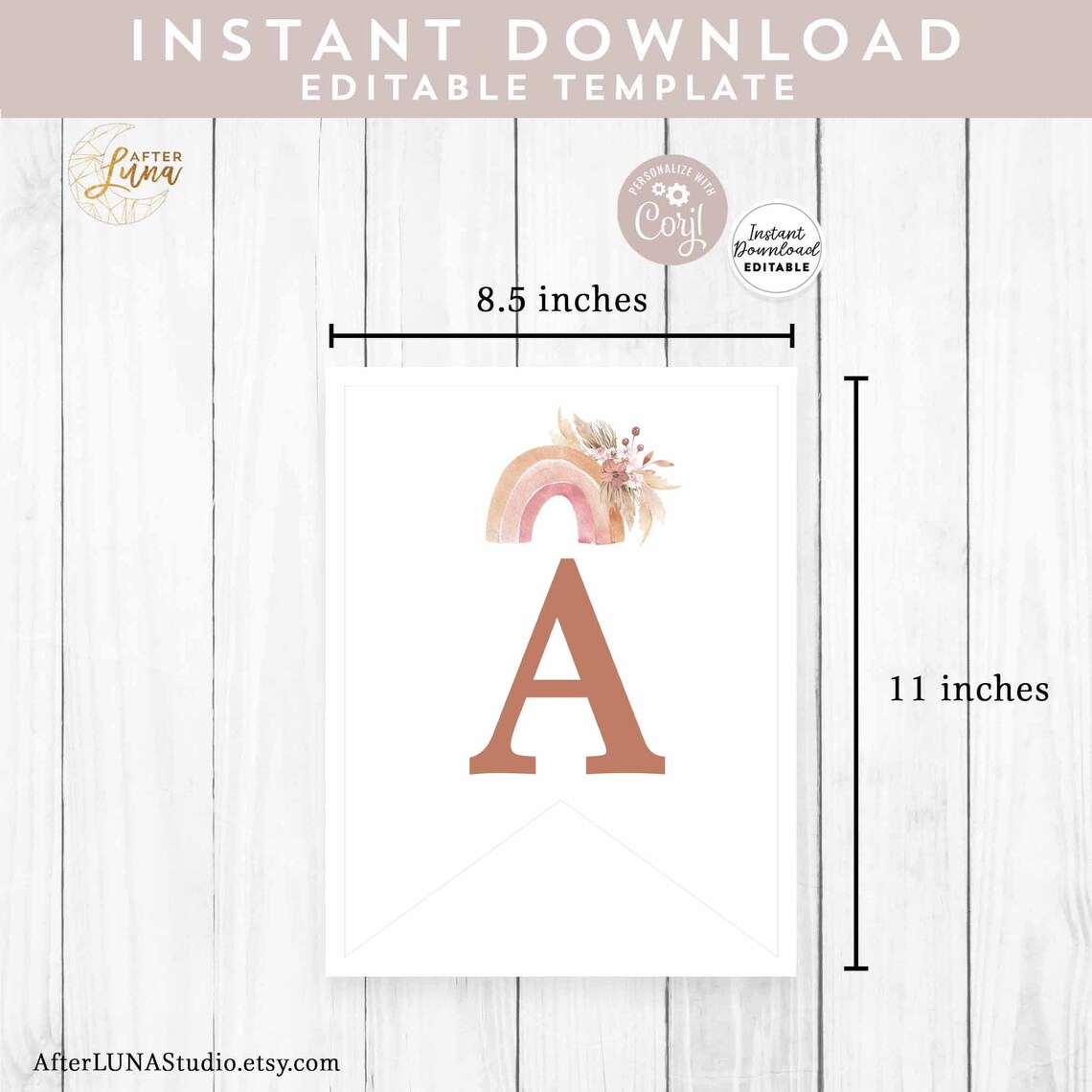 Editable Boho Rainbow Pennant Banner Pink Pampas Grass One Birthday ...