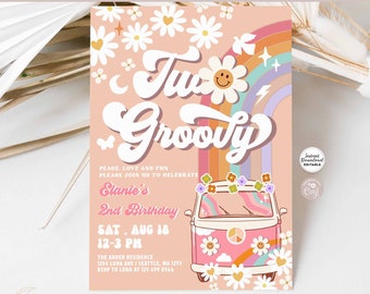 Editable Two Groovy Invite Groovy 2nd Birthday Invite Pink Daisy Rainbow Van Birthday Hippie Birthday Invite Instant Download 633K1 (1-3-2)