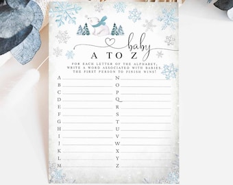 Winter Blue Snowflake Boy Polar Bear Baby ABC Baby A to Z Game Virtual Baby Shower Games Digital Printable Instant Download 874V1