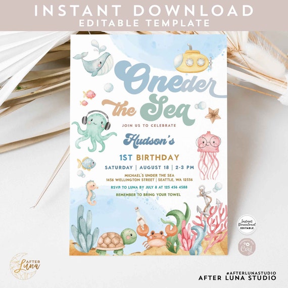 Editable Oneder the Sea Boy Under the Sea First 1st Birthday Party  Invitation Whale Sea Turtle Beach Party Invite Instant Download 527K1 3 