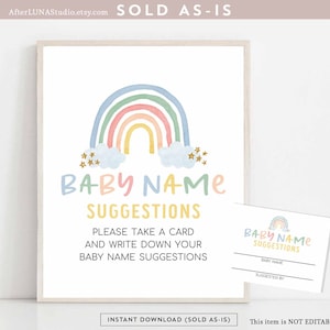 Género Neutral Pastel Rainbow Baby Shower Juego Nombre del bebé Sugerencia Signo y Juego de cartas Rainbow Shower Juegos imprimibles Descarga instantánea 213V1