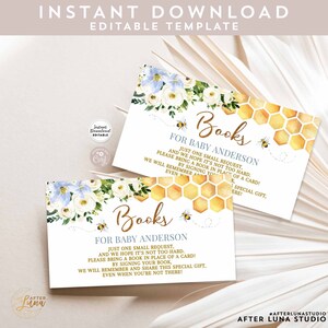 Editável Azul Floral Honey Bee Bumble Bee Chá de bebê Traga um livro para o bebê Inserir cartão de sorteio Modelo para impressão Download instantâneo 1574V3