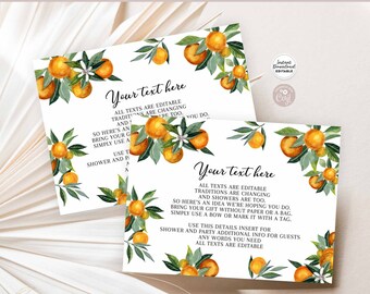 Bearbeitbare Little Cutie Orange Zitrus Baby Shower Detail Einsatz Karte Einsatz Grün Mandarin Orange Verlosungskarte Sofortiger Download 160V1