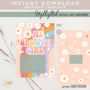 Editable One Groovy Girl Invite Daisy Rainbow Groovy 1st Birthday ...