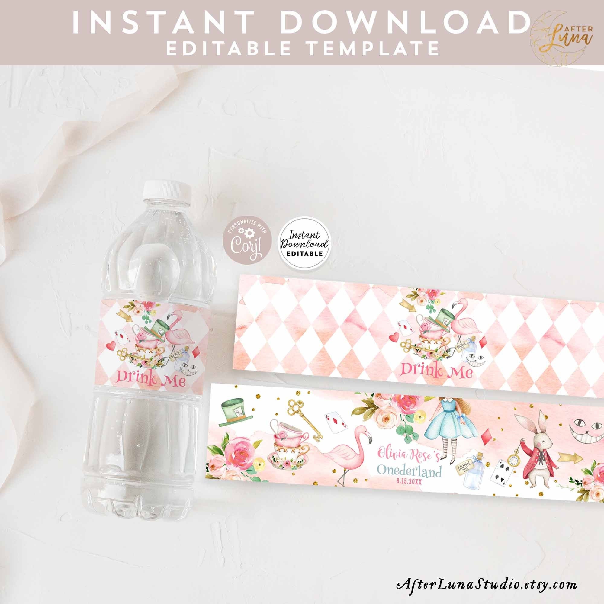 Editable Alice in Wonderland Birthday Water Bottle Label Alice in Onederland Party Decor Decors Printable Template Instant
