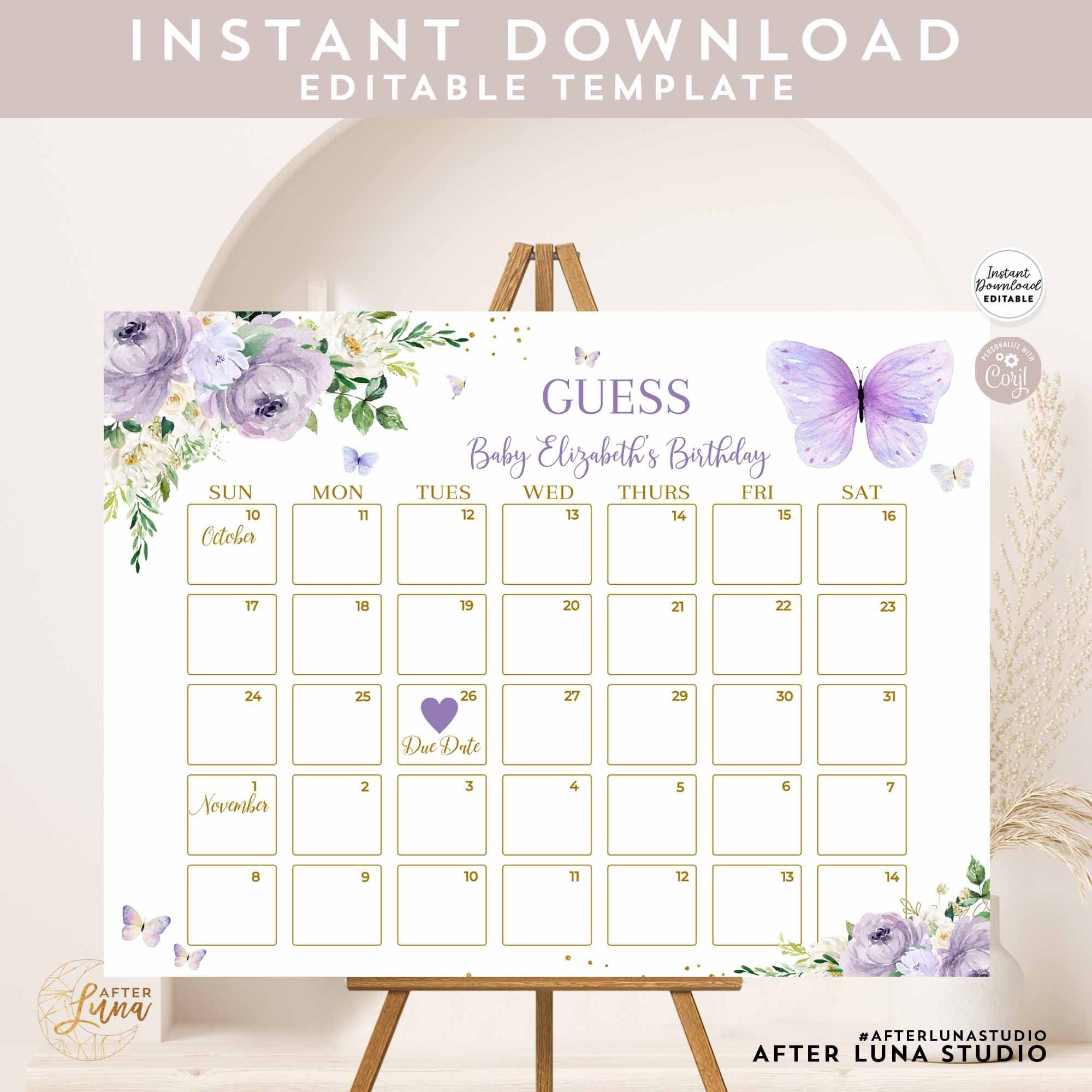 Editable Purple Lavender Gold Butterfly Baby Shower Sprinkle Due