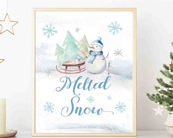 Winter Snowman Birthday Decor Melted Snow Water Drink Table Decor Sign Blue Snowflake Birthday Decors Decoration Sign Instant Download 57K1