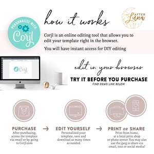 May include: How it works graphic with a teal circle with the word Corjl and gears inside. The graphic shows the steps to purchase, edit, and print a template using the Corjl online editing tool. The text says "Personalize with Corjl" and "Edit in your browser".