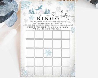 Winter Blue Snowflake Boy Polar Bear Baby Bingo Game Virtual Baby Shower Games Digital Printable Instant Download 874V1